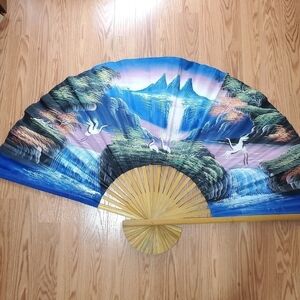 VINTAGE Large Fan 59x36 Handpainted Sky Scene Wal Art